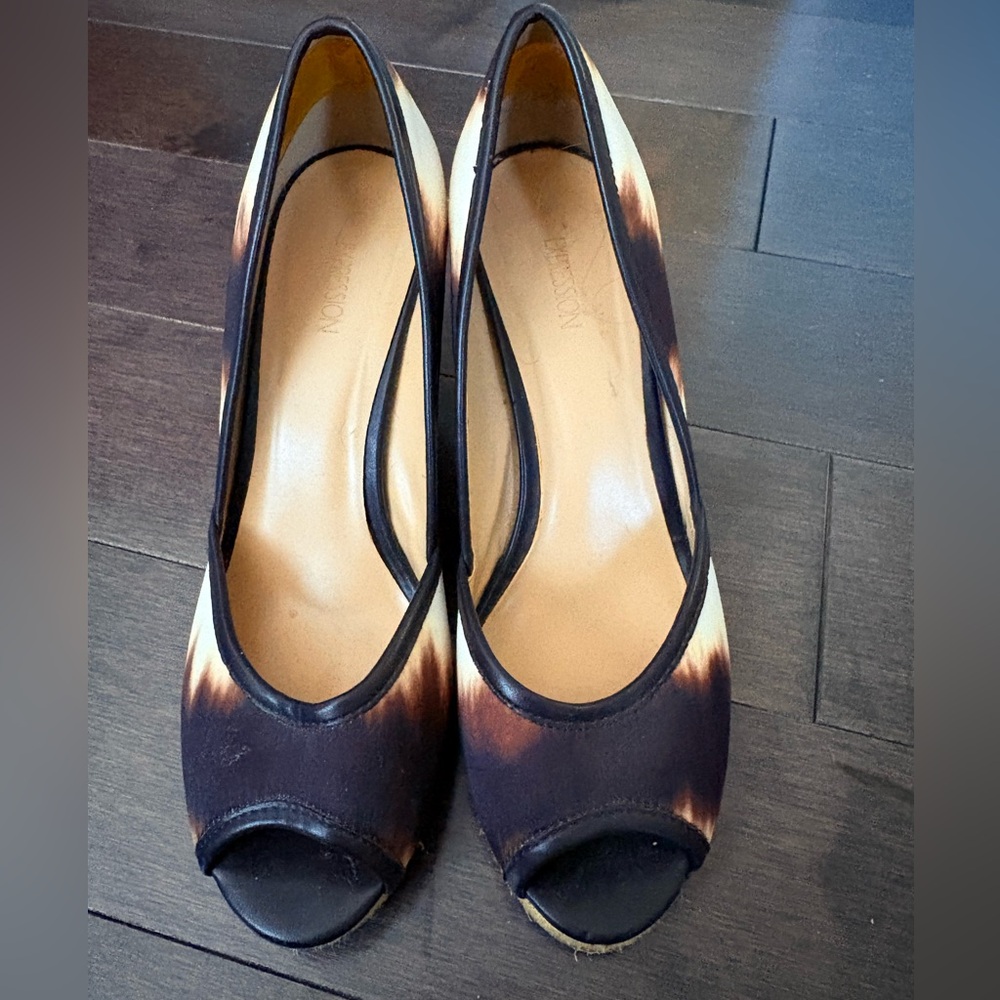 Chic Brown and Cream Peep-Toe Heels